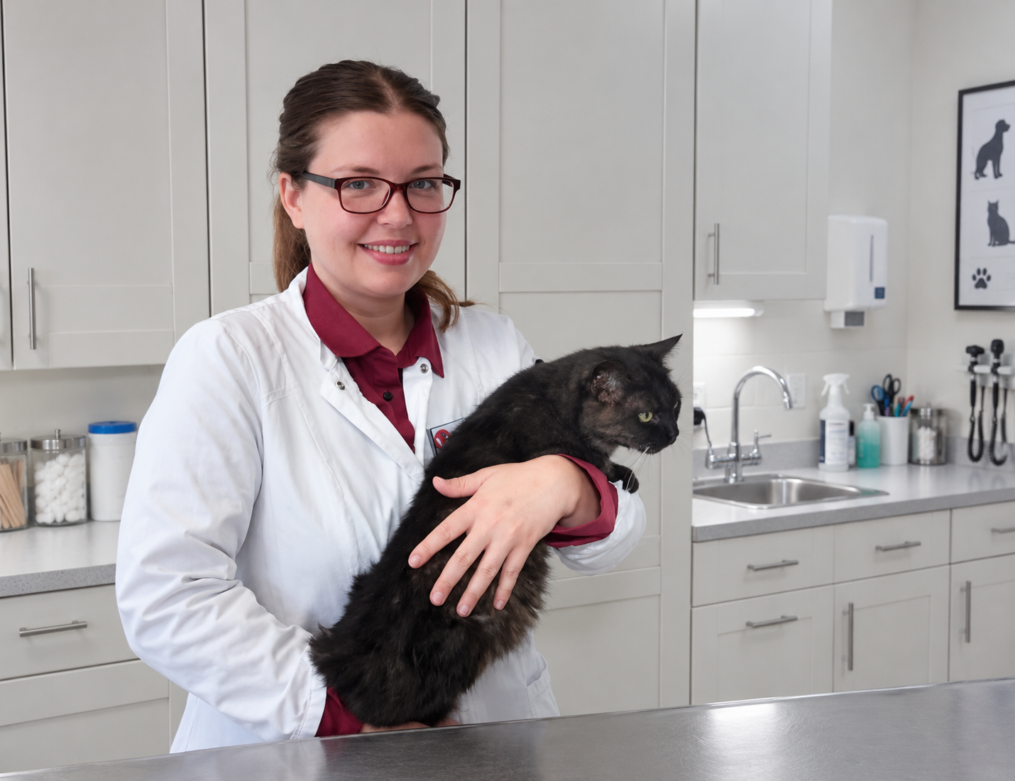 Dr. Svenja Joswig mit einer schwarzen Katze in der Praxis